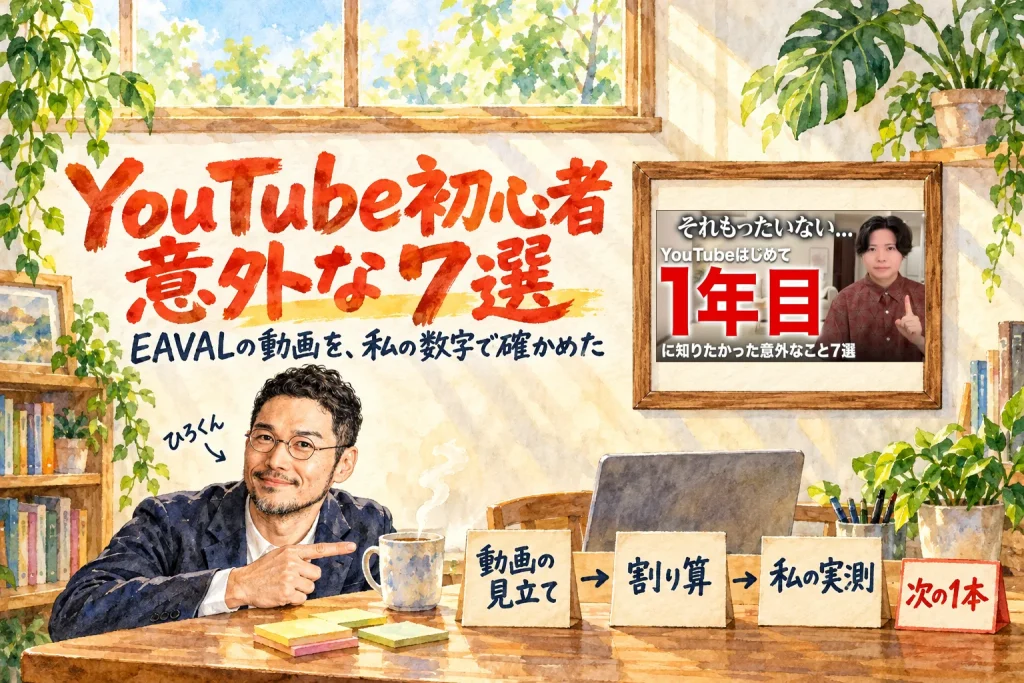 ひろくんが机の前で札「動画の見立て」「割り算」「私の実測」を指さし、朱色の札「次の1本」が立つアイキャッチ。右上の額縁にEAVALの動画のサムネイル。題字は「YouTube初心者 意外な7選」