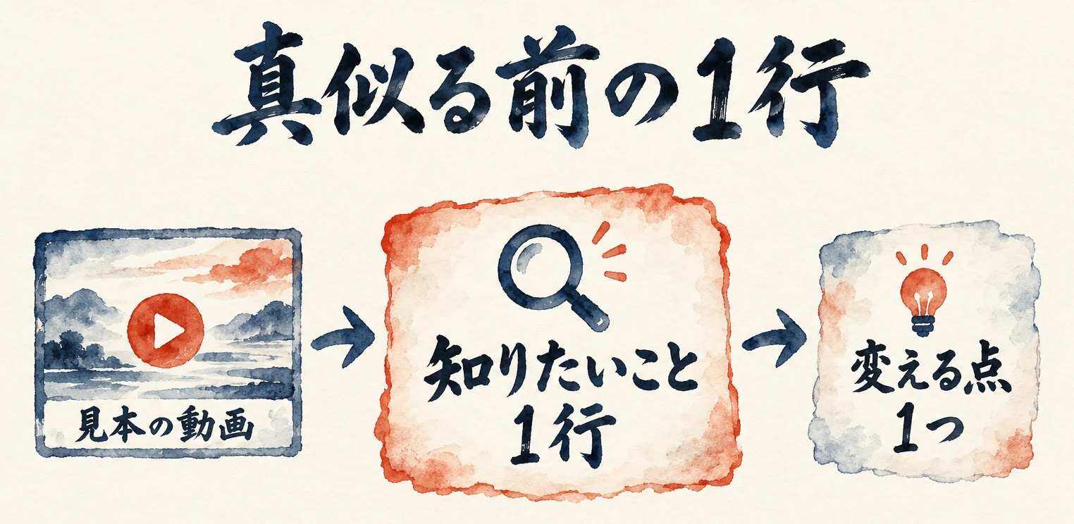 見本の動画から、見る人が知りたいことを1行で書き、変える点を1つ決める流れを描いた3枚の札の図解