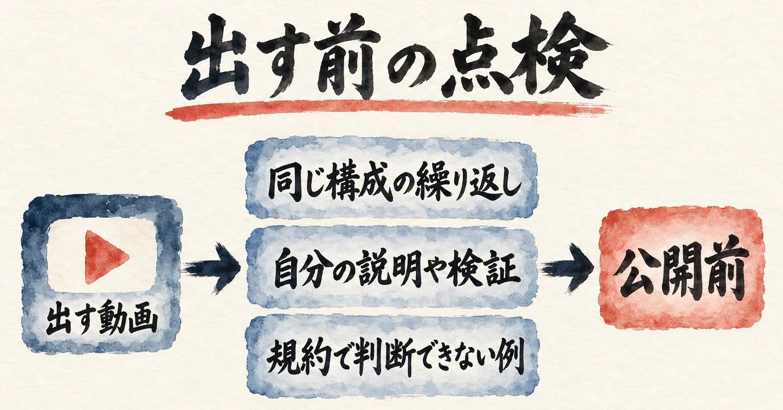 出す動画から、同じ構成の繰り返し、自分の説明や検証、規約で判断できない例の3点を点検して公開前へ進む流れ図