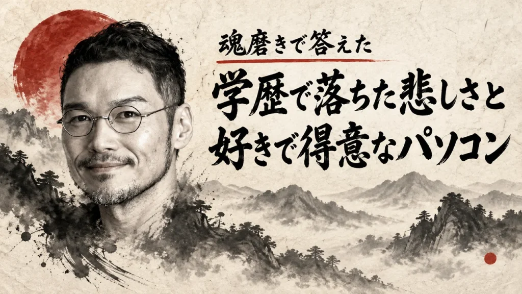 朱の太陽と墨絵の山並みを背景に、私のポートレートと筆文字のタイトル「学歴で落ちた悲しさと好きで得意なパソコン」を重ねたカバー画像（AI生成。実際の服装や場面を示すものではありません）