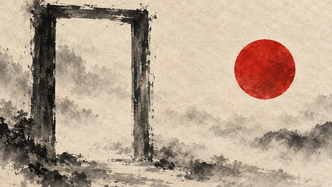 霞む山を背に、墨で描いた門の枠が立ち、枠の外の右に朱色の円が離れて浮かぶイメージ図（AI生成の墨絵風）