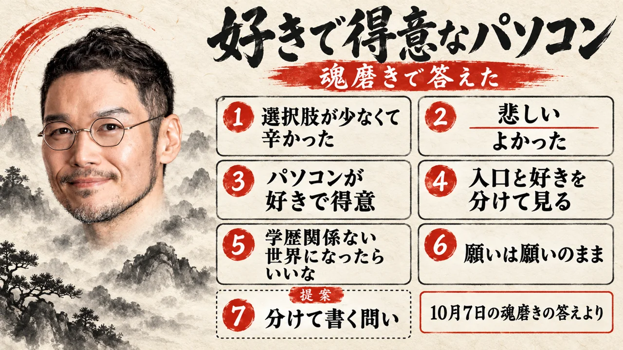 霧の山並みの中に私の顔と首が現れ、右に記事の7章を番号付きのカードで並べた整理図（AI生成。実際の服装や場面を示すものではありません）。題は「好きで得意なパソコン」「魂磨きで答えた」。カードは「選択肢が少なくて辛かった」「悲しい／よかった」「パソコンが好きで得意」「入口と好きを分けて見る」「学歴関係ない世界になったらいいな」「願いは願いのまま」「分けて書く問い（提案）」の順