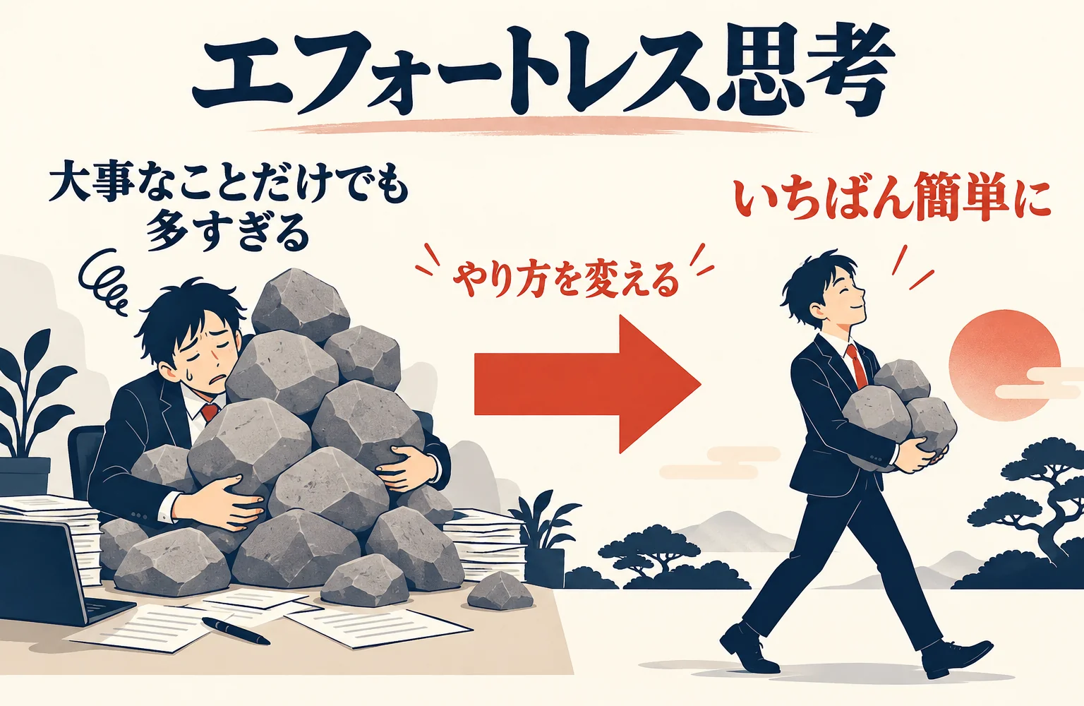 大事なことに絞っても多すぎて重い状態から、やり方を変えていちばん簡単に進む状態への流れを示した図解