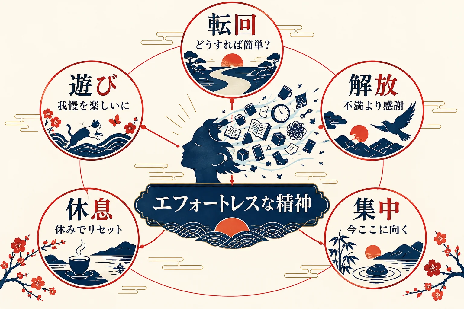 中央のエフォートレスな精神の周りに、第1章から第5章の転回・遊び・解放・休息・集中が配置され、頭の重荷が下りる関係を示した図解