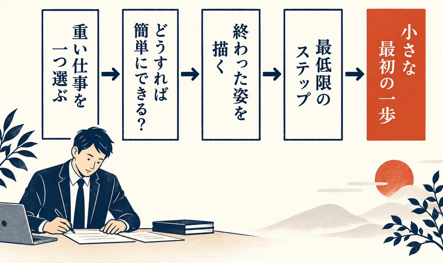 重い仕事を一つ選び、どうすれば簡単にできるかを問い、終わった姿とその最低限のステップを書き、小さな最初の一歩を選ぶ流れを示した図解