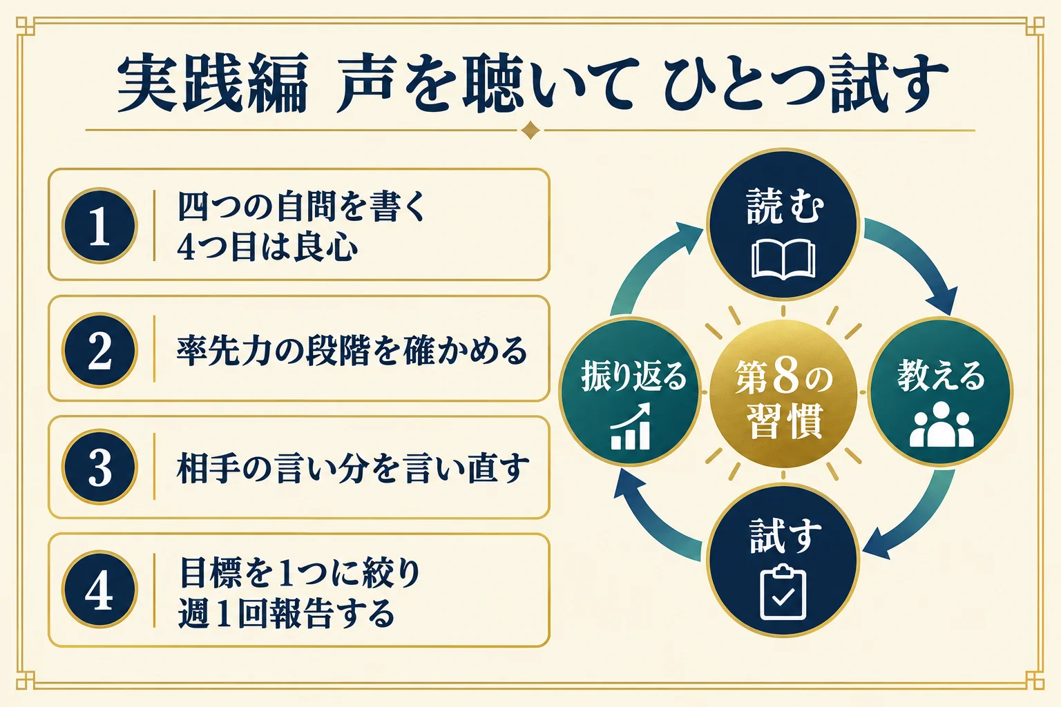 四つの自問、率先力の段階、相手の言い分の言い直し、最重要目標の絞り込みという四つの実践手順と、読む・教える・試す・振り返るの循環図