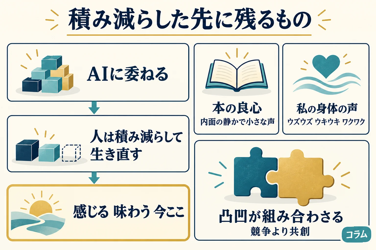 積み減らした先に残るもの。AIに委ねて人は積み減らして生き直し、感じる・味わう・今ここが残る。本の良心と私の身体の声を並べ、凸凹が組み合わさる競争より共創