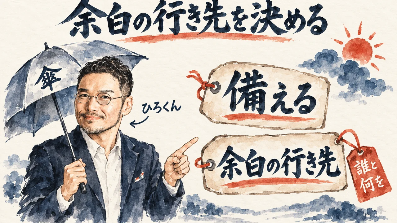 ひろくんが傘を持ち、備えると余白の行き先の2枚の札を指さす。天気予報のたとえで、空いた時間の行き先を決める図解