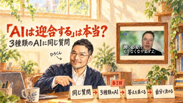 ひろくんが机の前で「同じ質問」「3種類のAI」「答えを並べる」「自分で決める」の4枚の札を指さすアイキャッチ。右上の額縁に元動画のサムネイル。題字は「AIは迎合する」は本当？