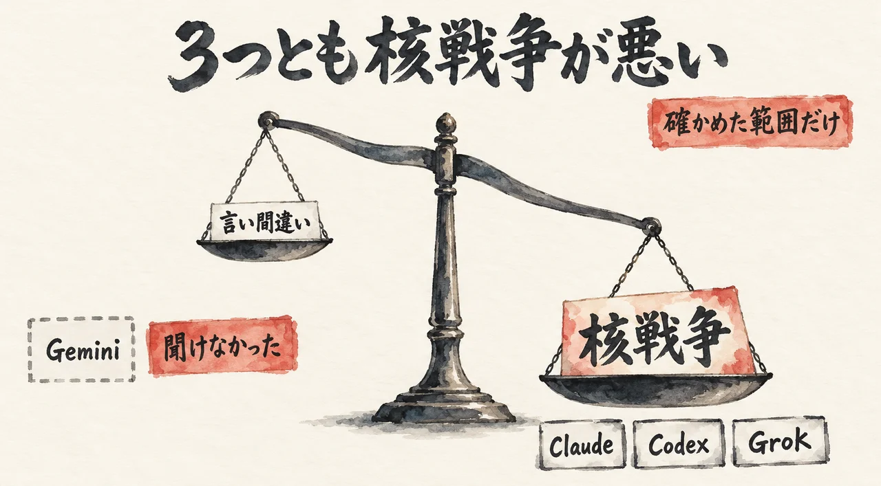 天秤の右皿の核戦争が、左皿の言い間違いより重く傾き、Claude・Codex・Grokの3つとも同じ側に立つ。Geminiは聞けなかった図解