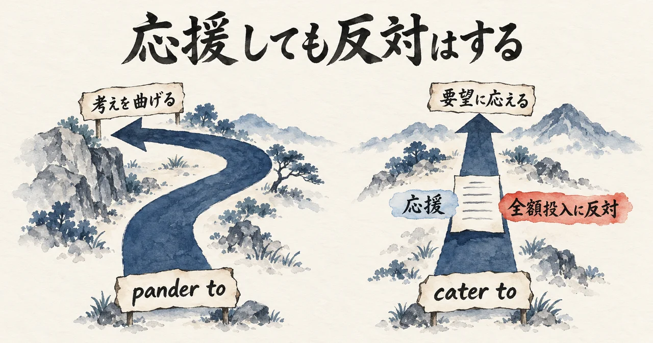 考えを曲げるpander toの曲がった道と、要望に応えるcater toのまっすぐな道。返事の中に応援と全額投入への反対が並ぶ図解
