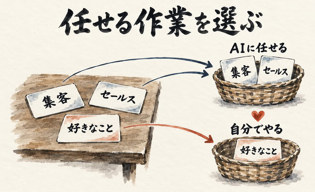 集客とセールスのカードはAIに任せるかごへ、好きなことのカードは自分でやるかごへ分ける図解
