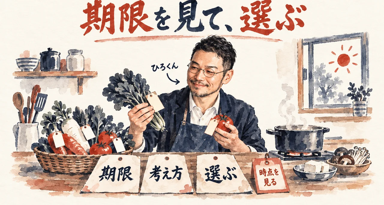 ひろくんが台所で、日付の札がついた野菜を見て選ぶコラム図解。札「期限」「考え方」「選ぶ」と、朱色の札「時点を見る」が並ぶ