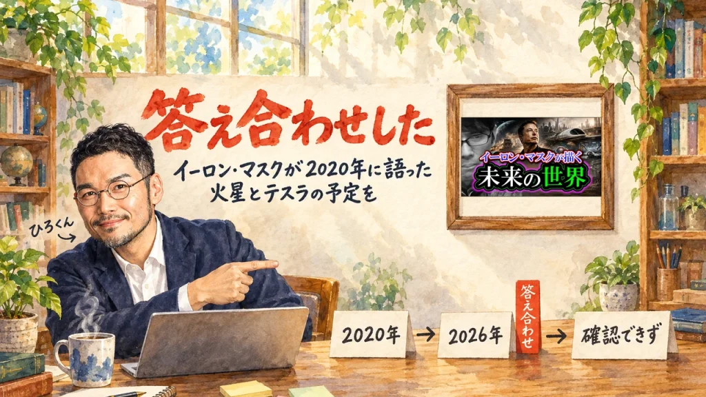 ひろくんが机の前で、「2020年」「2026年」「確認できず」の札を指さすアイキャッチ。右上の額縁に動画のサムネイル。題字は「答え合わせした」