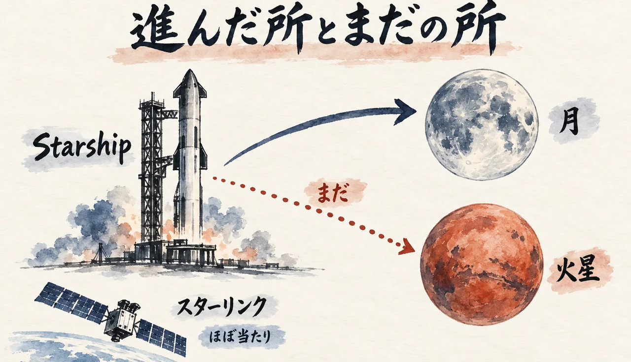 ロケット「Starship」から月へは実線、火星へは点線の矢印が伸び、点線の脇に朱色の札「まだ」がある図解。左下に衛星「スターリンク」の札「ほぼ当たり」