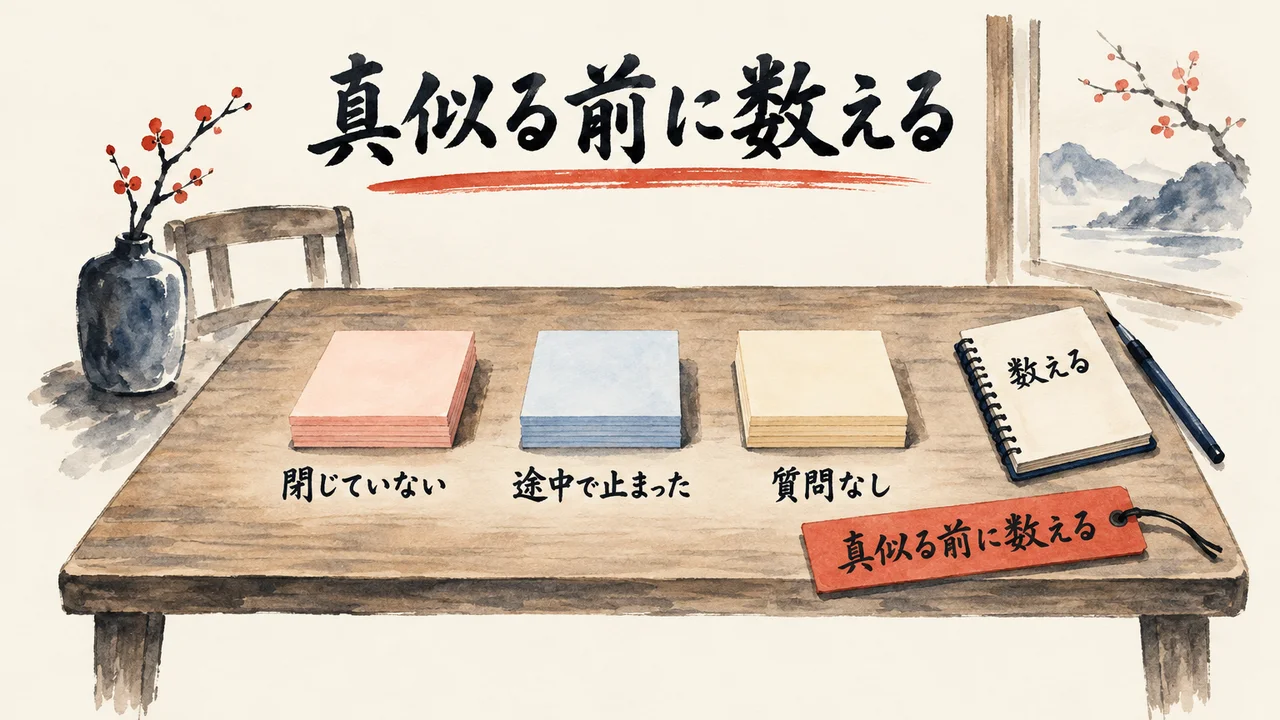 机の上の付箋の山が「閉じていない」「途中で止まった」「質問なし」の3つに分かれ、朱色の札「真似る前に数える」が添えられた図解