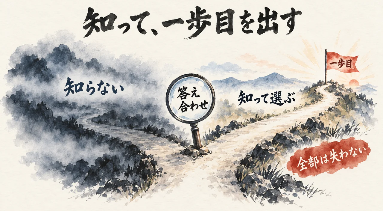 霧の道「知らない」と明るい道「知って選ぶ」の分かれ目に虫眼鏡「答え合わせ」があり、先に旗「一歩目」が立つ図解。朱色の札「全部は失わない」