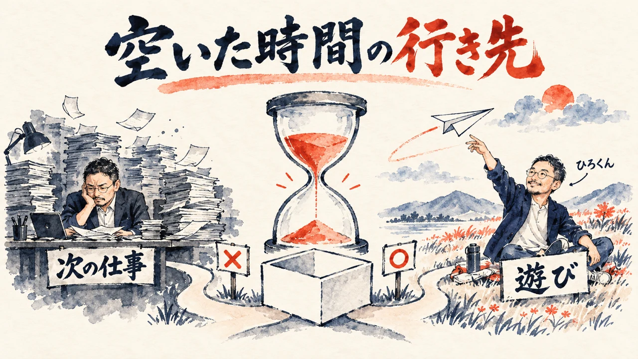 図解。砂時計の下の空いた箱から道が2つに分かれ、書類の山の机で頬づえをつく次の仕事の側にはバツ、野原で紙飛行機を飛ばすひろくんの遊びの側にはマルが付いている。左右の人物はどちらもひろくんの姿