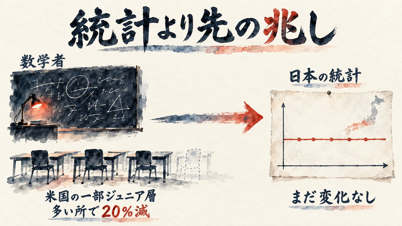 図解。数学者の数式を書いた黒板と赤く灯るランプ、米国の一部ジュニア層の空いた机には多い所で20%減の印。矢印の先の日本の統計の線は平らで、まだ変化なしと書かれている