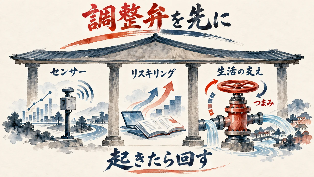 図解。4本の柱が屋根を支え、柱の間の3つの区画にセンサー・リスキリング・生活の支えが並ぶ。生活の支えの区画には水の量を変えるつまみの付いた弁があり、下に起きたら回すと書かれている
