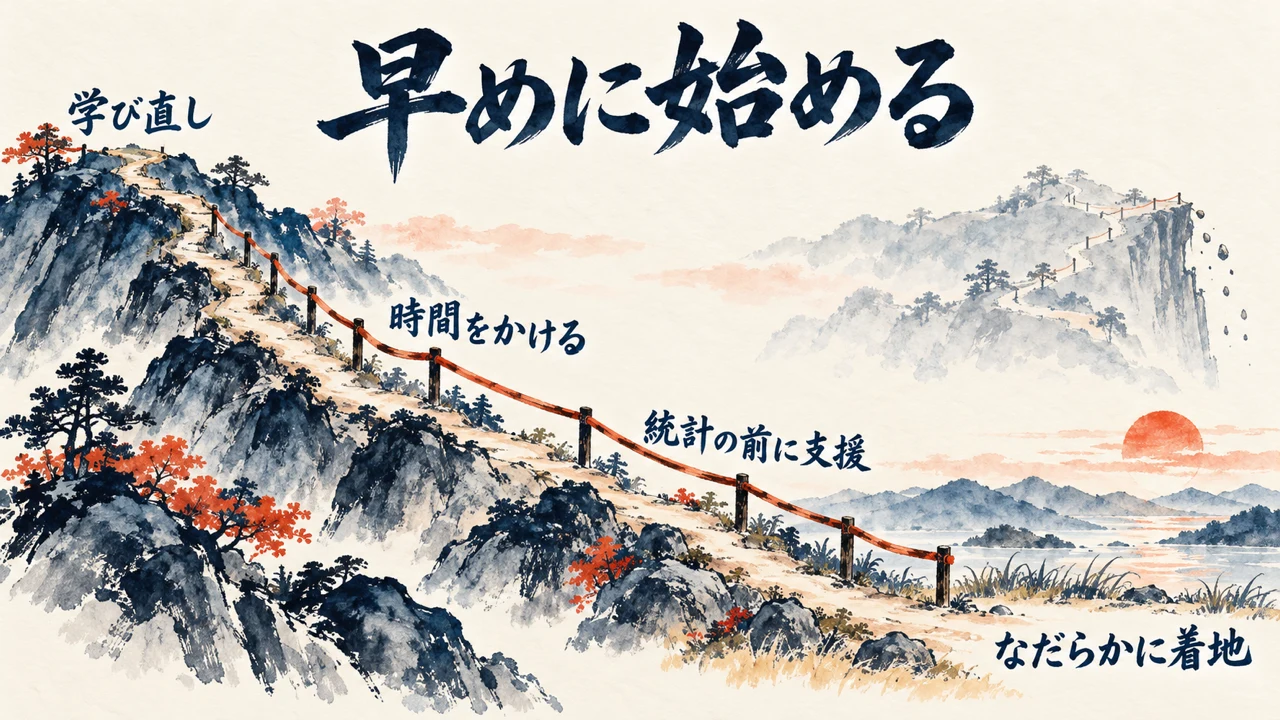 図解。学び直しから始まる山道が、時間をかける・統計の前に支援の順に柵に沿って下り、なだらかに着地する。奥には急な崖の道が見える