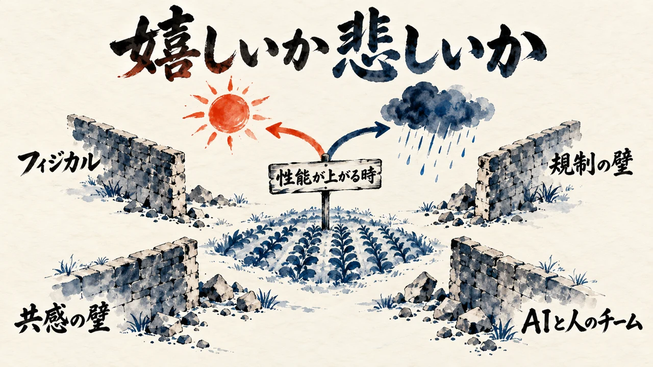 図解。性能が上がる時の立て札から、晴れと雨の2方向に矢印が分かれ、まわりにフィジカル・規制の壁・共感の壁・AIと人のチームの4つの石垣が立つ