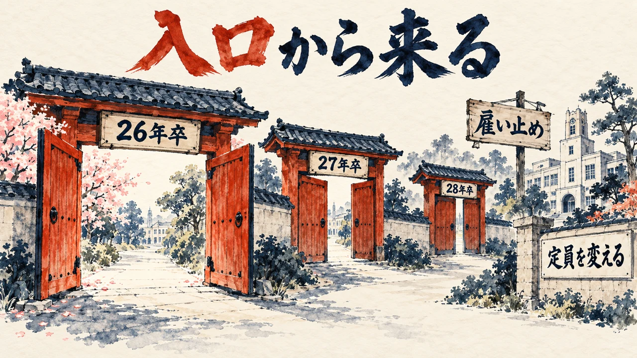図解。26年卒・27年卒・28年卒の門が奥へ行くほど狭くなり、雇い止めの看板と定員を変えるの石碑が立つ