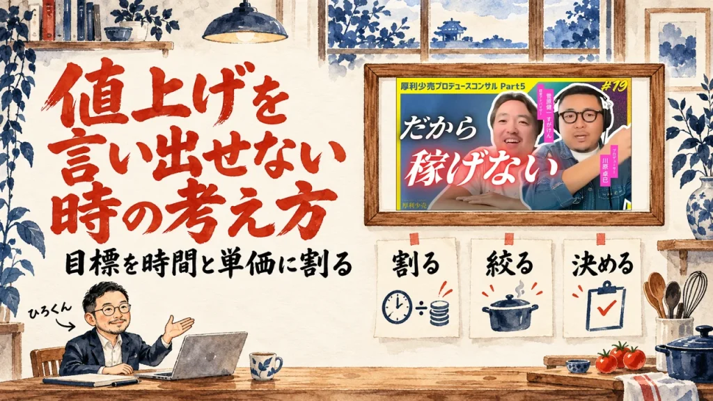 書斎でノートパソコンに向かうひろくんが、壁の額縁に入った動画のサムネイルを手で示している。見出しは値上げを言い出せない理由、下に割る、絞る、決めるの3枚の札。動画のサムネイル