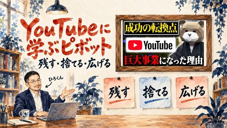 YouTubeのピボットをテーマにした記事のアイキャッチ。机のノートPCの前で手を差し出すひろくんと、壁に貼られた残す、捨てる、広げる、の3枚の札。壁の額縁に動画のサムネイル