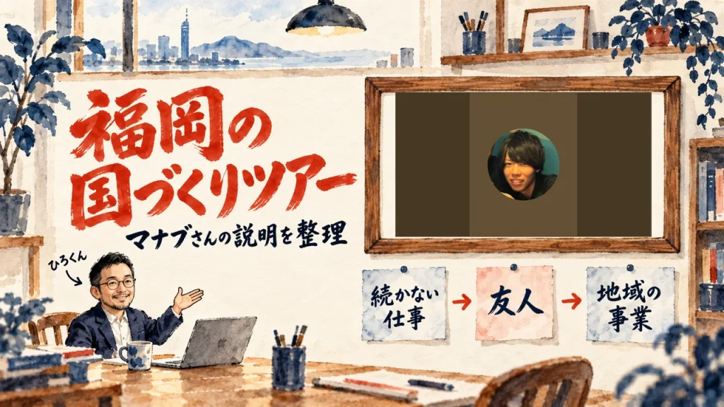 福岡の国づくりツアーをテーマにした記事のアイキャッチ。机のノートPCの前で手を差し出すひろくんと、壁に貼られた続かない仕事、友人、地域の事業の3枚の札。壁の額縁に動画のサムネイル