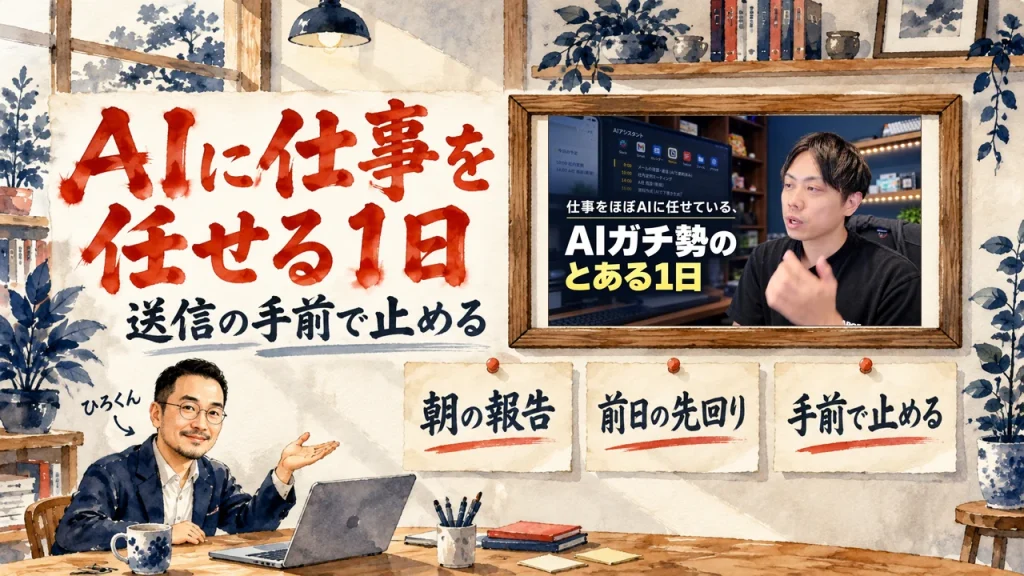 AIに仕事を任せる1日をテーマにした記事のアイキャッチ。机のノートPCの前で手を差し出すひろくんと、壁に貼られた朝の報告、前日の先回り、送信の手前で止める、の3枚の札。壁の額縁に動画のサムネイル