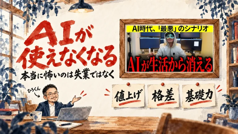 「AIが使えなくなる」の題字と、ひろくんが話す書斎の水彩イラスト。壁の額に入った、AI仙人の動画のサムネイル