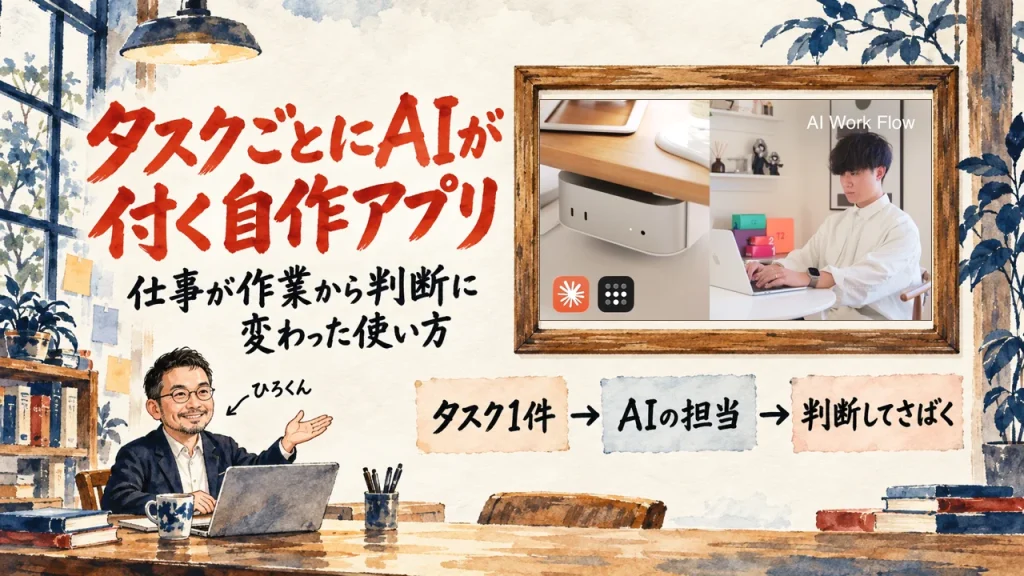 タスクごとにAIが付く自作アプリの紹介をテーマにしたアイキャッチ。机の前で手を差し出すひろくんと、壁に貼られた三枚の札。壁の額縁に動画のサムネイル