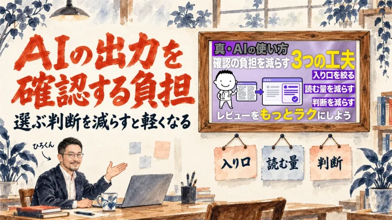 「AIの出力を確認する負担」の題字と、副題「選ぶ判断を減らすと軽くなる」。ひろくんが話す書斎の水彩イラスト。壁の額に入った、飯塚浩也さんの動画のサムネイル