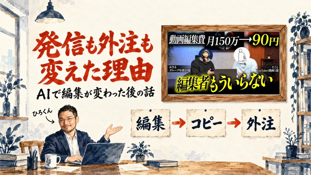 記事タイトルの題字と、ひろくんが話す書斎の水彩イラスト。壁の額に入った、おさる&たくとのマーケ攻略の動画のサムネイル
