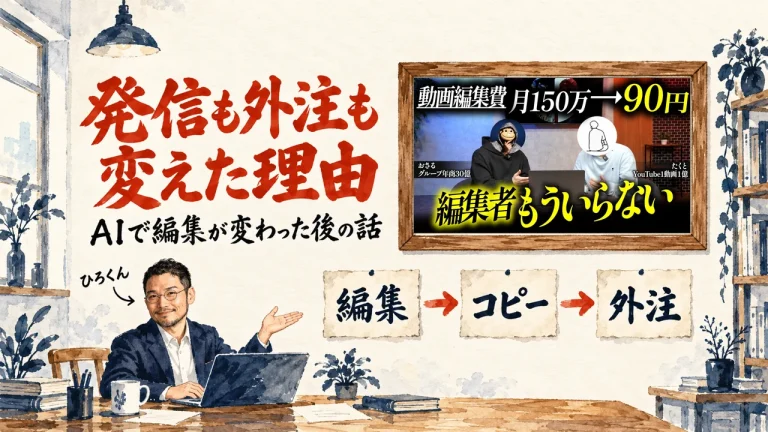 記事タイトルの題字と、ひろくんが話す書斎の水彩イラスト。壁の額に入った、おさる&たくとのマーケ攻略の動画のサムネイル