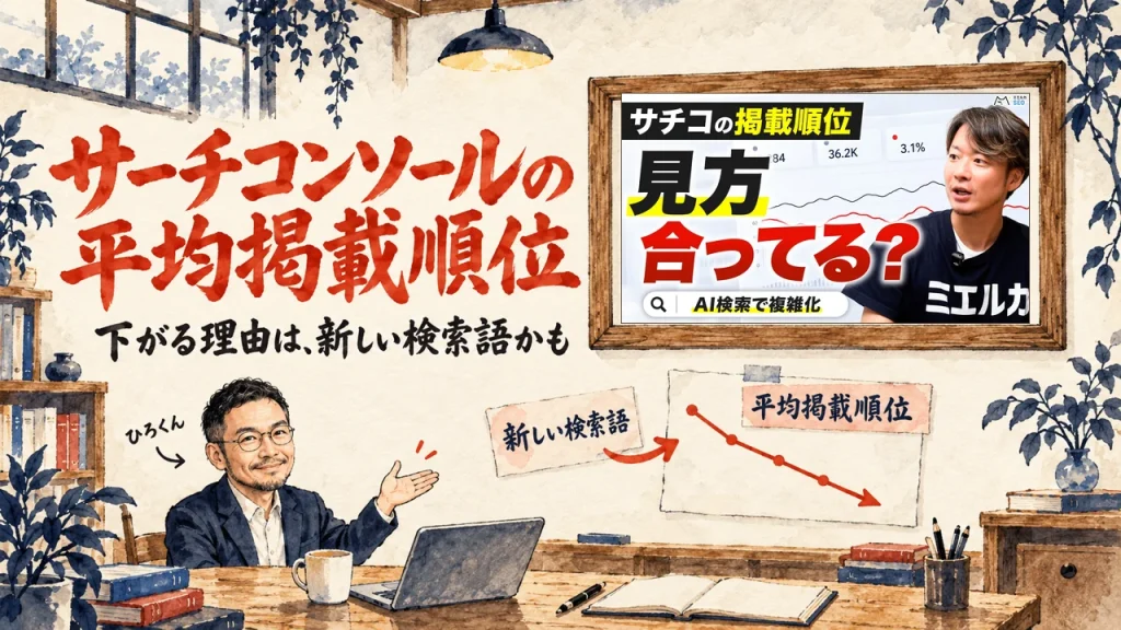 サーチコンソールの平均掲載順位をテーマにしたアイキャッチ。ひろくんが机から、新しい検索語が入って平均掲載順位の線が右下がりになる図を手で示している。壁の額縁に動画のサムネイル