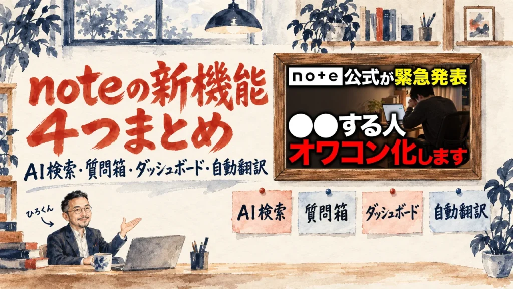 noteの新機能4つをテーマにしたアイキャッチ。壁の図にAI検索・質問箱・ダッシュボード・自動翻訳の4枚の札が並び、ひろくんが手で示している。壁の額縁に動画のサムネイル