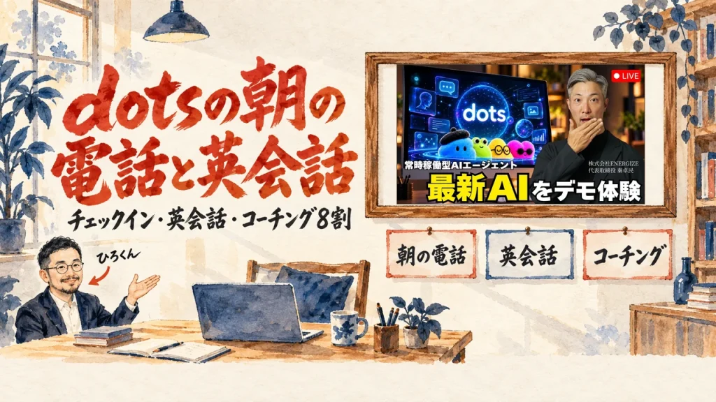 dotsの朝のチェックイン電話と英会話をテーマにしたアイキャッチ。壁の図に3枚の札が並び、ひろくんが手で示している。壁の額縁に動画のサムネイル