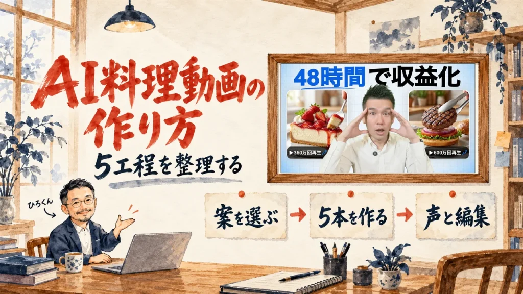 AI料理動画の題字と、ひろくんが話す書斎の水彩イラスト。壁の額に入った、動画のサムネイル