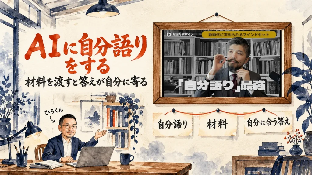 「AIに自分語りをする」の題字。ひろくんが話す書斎の水彩イラスト。壁の額に入った、クウキデザインの動画のサムネイル