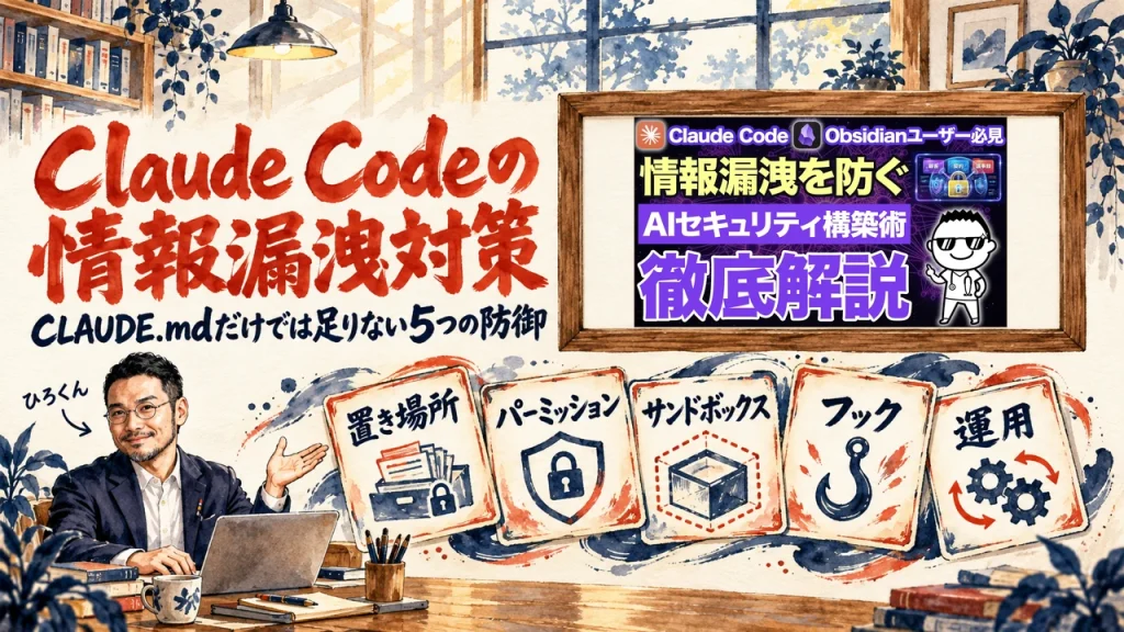 Claude CodeとObsidianの情報漏洩対策をテーマにしたアイキャッチ。壁の図に防御の札が重なって並び、ひろくんが手で示している。壁の額縁に動画のサムネイル