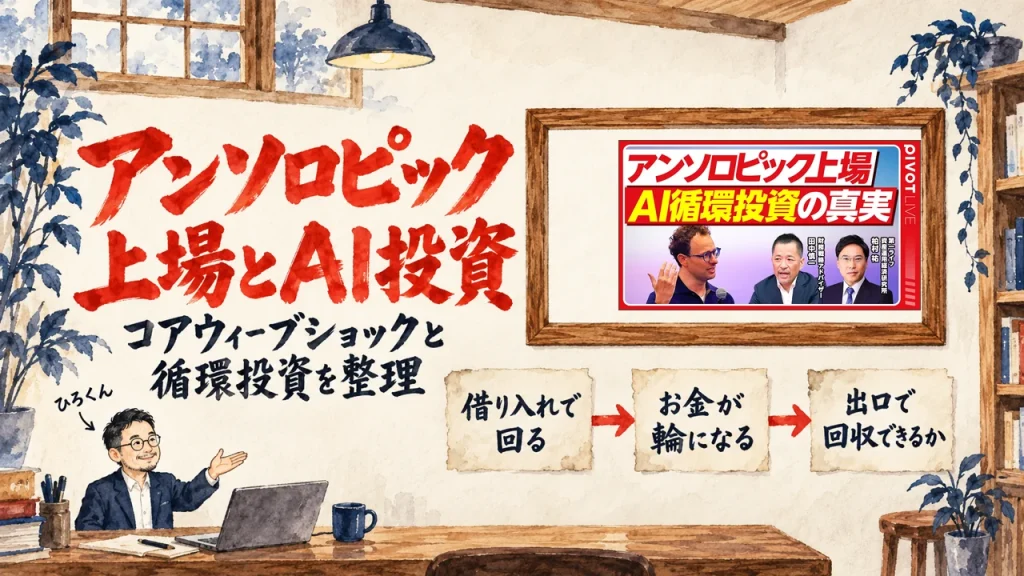 水彩の書斎の壁に、朱色の大きな筆文字でアンソロピック上場とAI投資と書かれ、右の額縁に飾られた動画のサムネイル