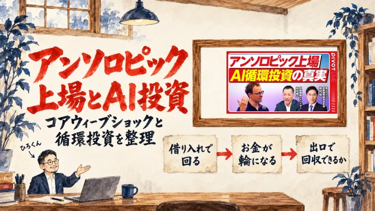 水彩の書斎の壁に、朱色の大きな筆文字でアンソロピック上場とAI投資と書かれ、右の額縁に飾られた動画のサムネイル