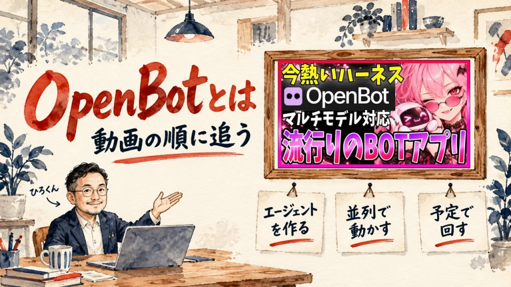 「OpenBotとは」の題字と、ひろくんが話す書斎の水彩イラスト。壁の額に入った、まさおAIじっくり解説chの動画のサムネイル