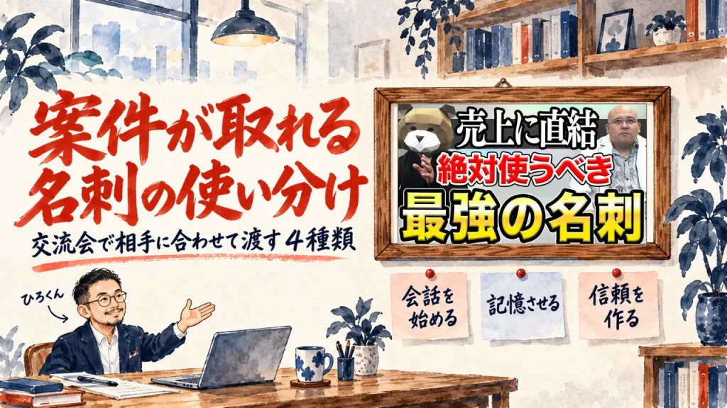 「案件が取れる名刺の使い分け」の題字と、ひろくんが話す書斎の水彩イラスト。壁の額に入った、マーケティング侍の動画のサムネイル