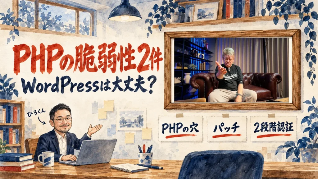 PHPの脆弱性2件、WordPressは大丈夫？をテーマにしたアイキャッチ。壁に3枚の札が並び、ひろくんが手で示している。壁の額縁に動画のサムネイル