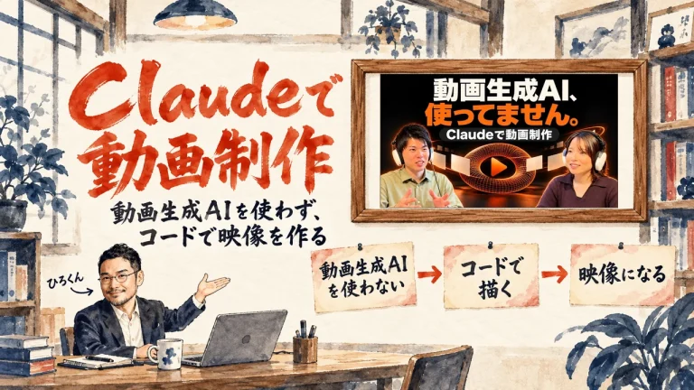 Claudeで動画制作。動画生成AIを使わず、コードで映像を作る。ひろくんが机でノートPCの前に座り、壁に動画のサムネイル