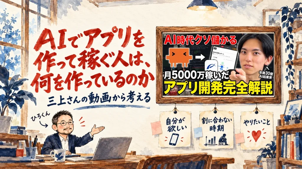 題字と、ひろくんが話す書斎の水彩イラスト。壁の額に入った、みかみの動画のサムネイル