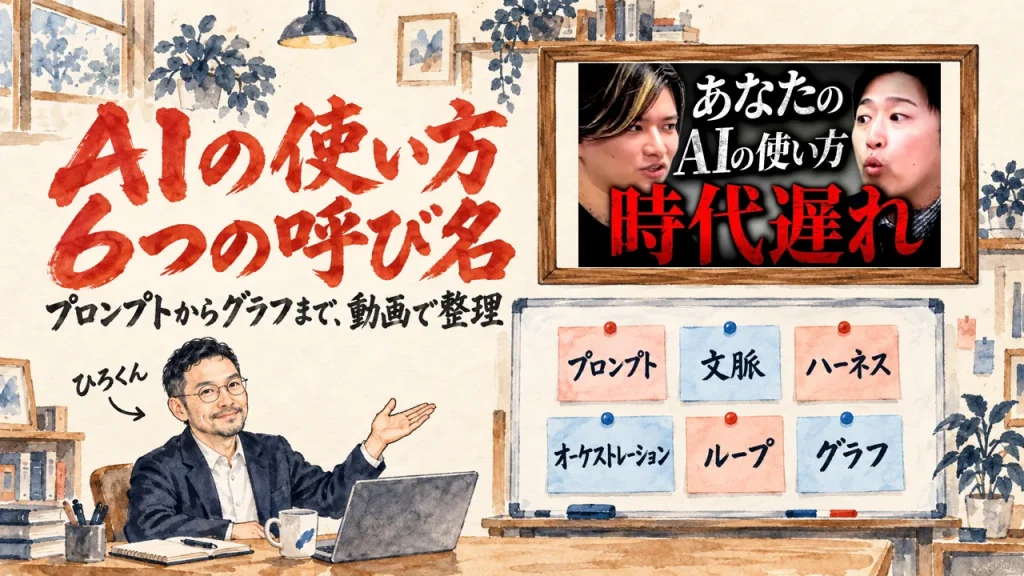 AIの使い方 6つの呼び名。壁の額縁に動画のサムネイルが掛かり、ホワイトボードにプロンプトからグラフまでの6枚の付箋が並ぶ手描き水彩のアイキャッチ